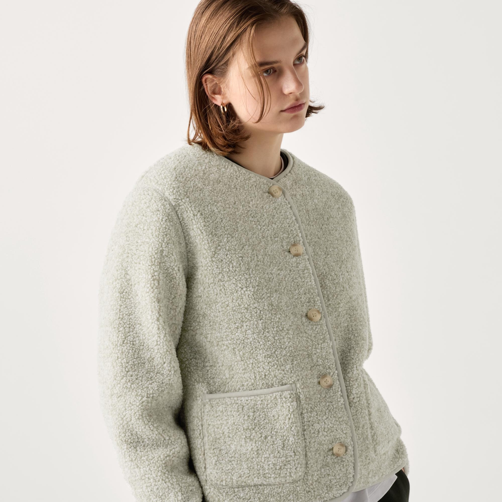 Pile Lined Fleece Crew Neck Cardigan