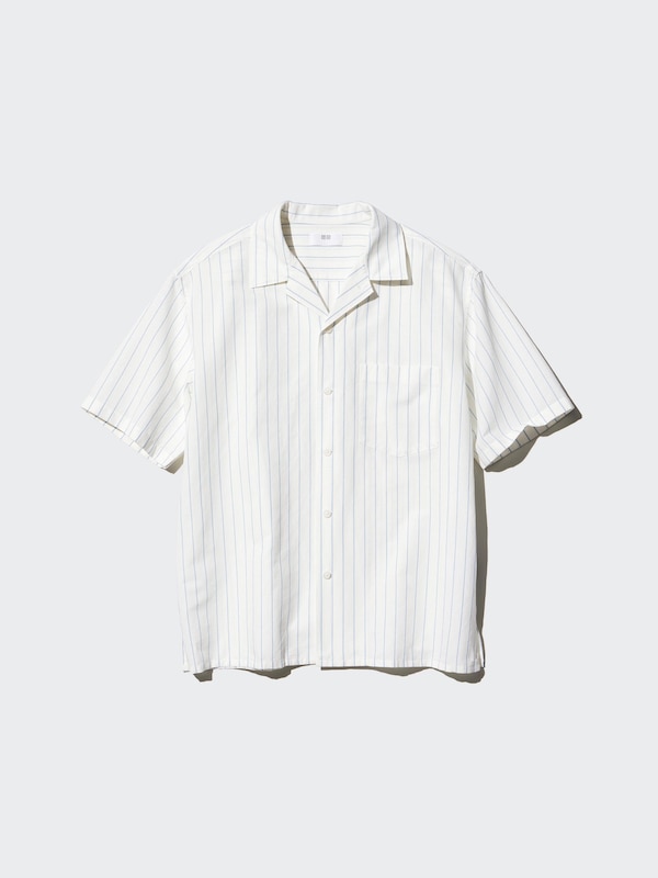 Cotton Linen Blend Shirt (Stripe, Short Sleeve, Open Collar)
