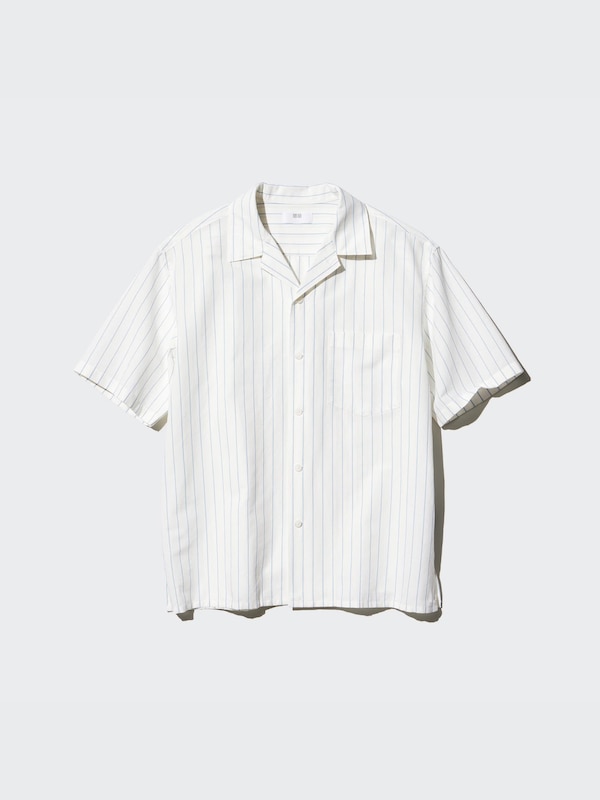Cotton Linen Blend Shirt (Stripe, Short Sleeve, Open Collar)