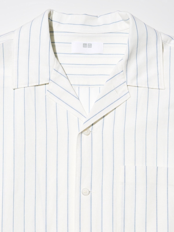 Cotton Linen Blend Shirt (Stripe, Short Sleeve, Open Collar)