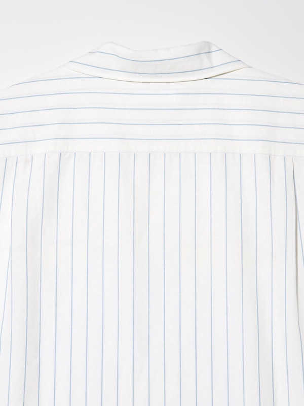 Cotton Linen Blend Shirt (Stripe, Short Sleeve, Open Collar)