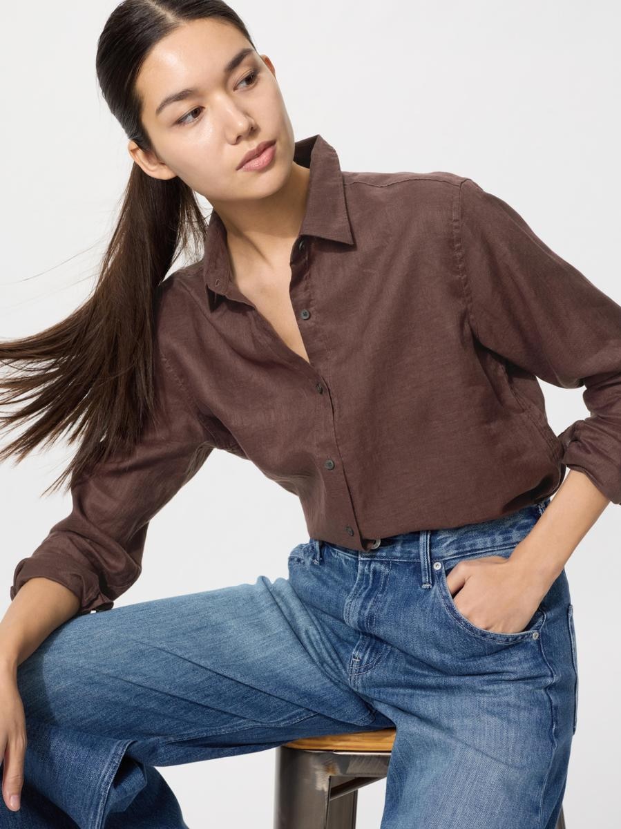 UNIQLO Women's Premium Linen Shirt, Brown,