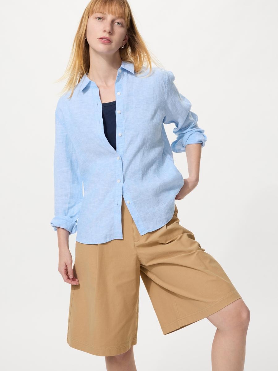 UNIQLO Women's Premium Linen Shirt, Blue,