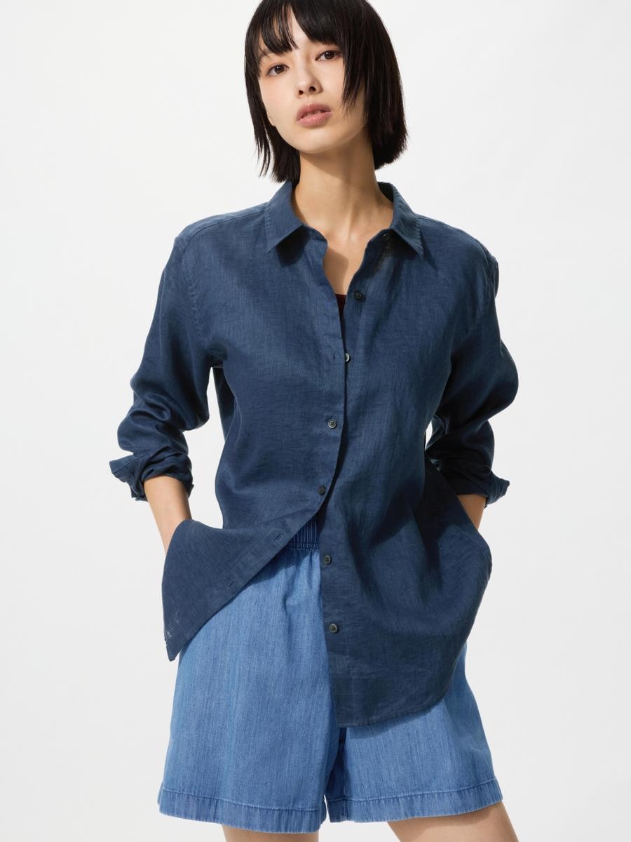 UNIQLO Women's Premium Linen Shirt, Blue,