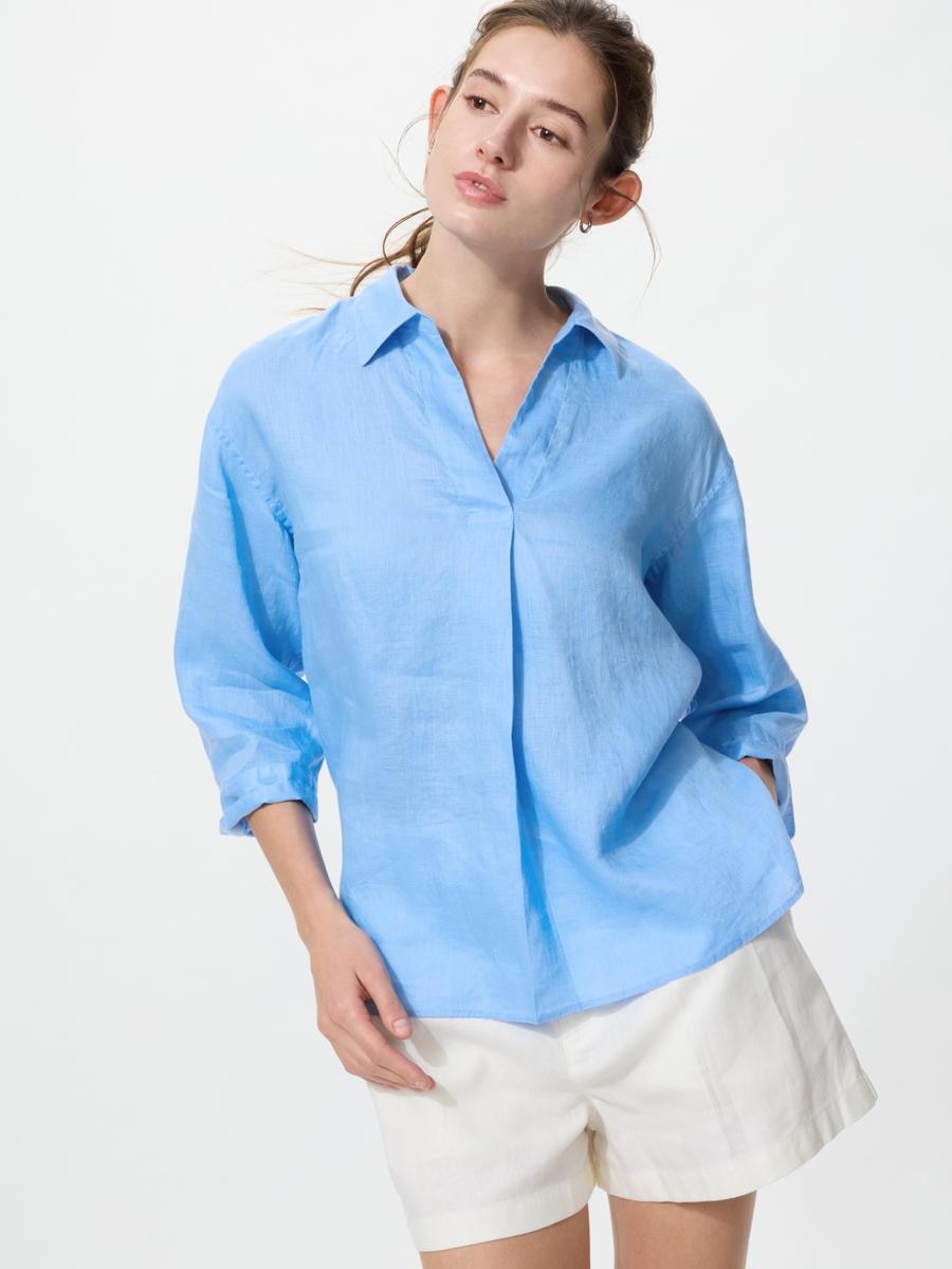 UNIQLO Women's Premium Linen Skipper Collar Shirt, Blue, Large, 100% Linen