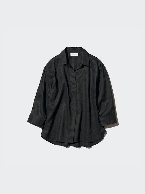 Uniqlo - Chemise 100% Lin Premium (Col Skipper, Manches 3/4) - Noir - M