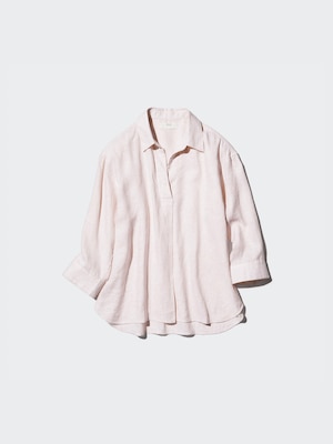 100% Premium Linen Skipper Collar Shirt (Stripe, 3/4 Sleeve)