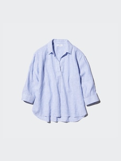 100% Premium Linen Skipper Collar Shirt (Stripe, 3/4 Sleeve)