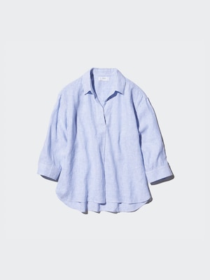 100% Premium Linen Skipper Collar Shirt (Stripe, 3/4 Sleeve)