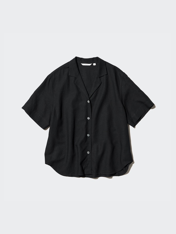 Linen Blend Open Collar Shirt (Short Sleeve)