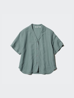 Linen Blend Open Collar Shirt (Short Sleeve)