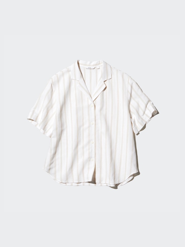Linen Blend Open Collar Shirt | Short Sleeve | Striped