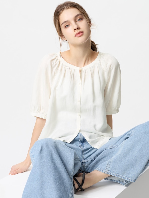 Linen Blend Volume Sleeve Blouse