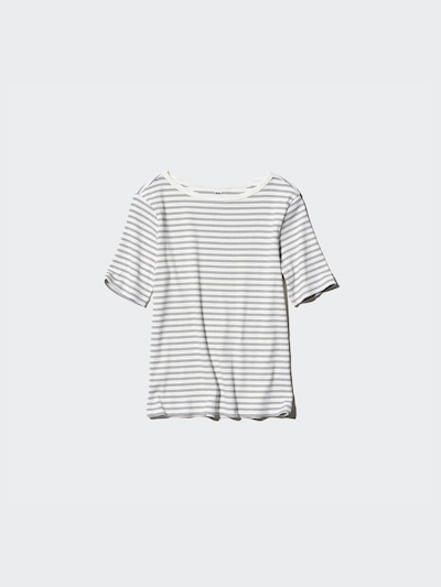 Ribbed Boat Neck T-Shirt (Half Sleeve, Stripe)