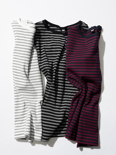 Ribbed Boat Neck T-Shirt (Half Sleeve, Stripe)
