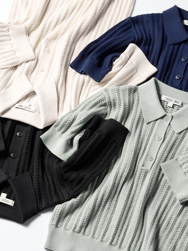 Cotton Pointelle Polo Sweater | Short Sleeve