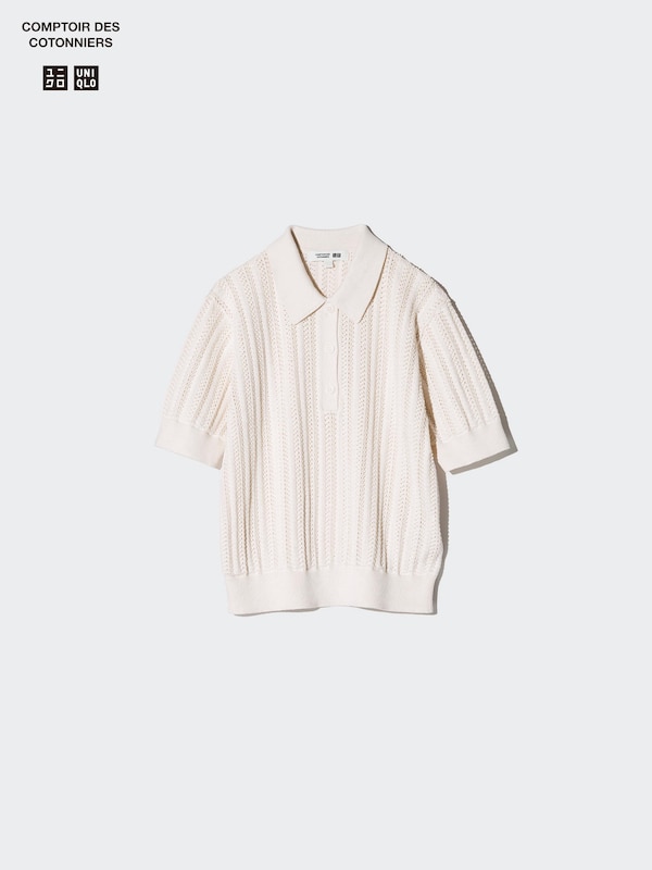 Cotton Pointelle Polo Sweater | Short Sleeve