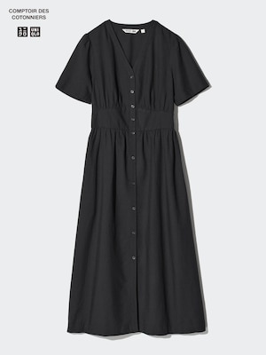 Linen Blend V Neck Dress (Short Sleeve)