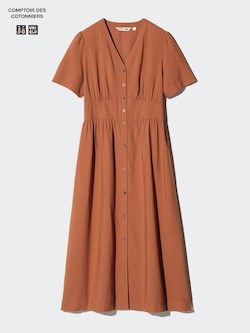 Linen Blend V Neck Dress (Short Sleeve)