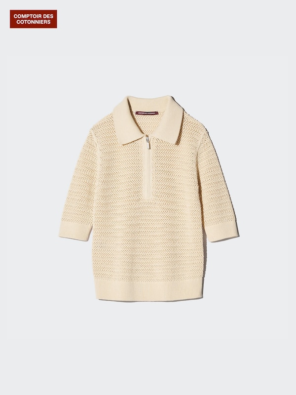Cotton Open Zip Short Sleeve Polo Jumper