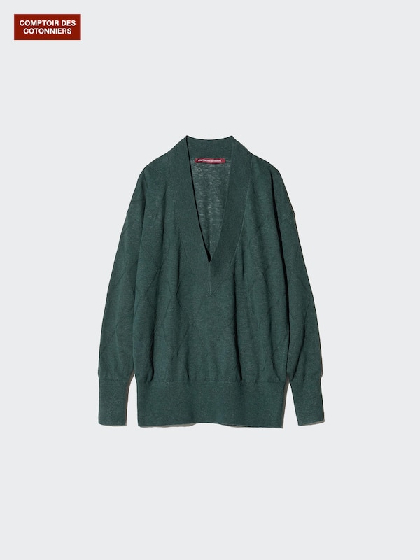 Pull à col V en lin et viscose mélangés