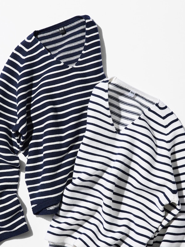 3D Knit Cotton Relaxed Sweater | V-Neck | Striped