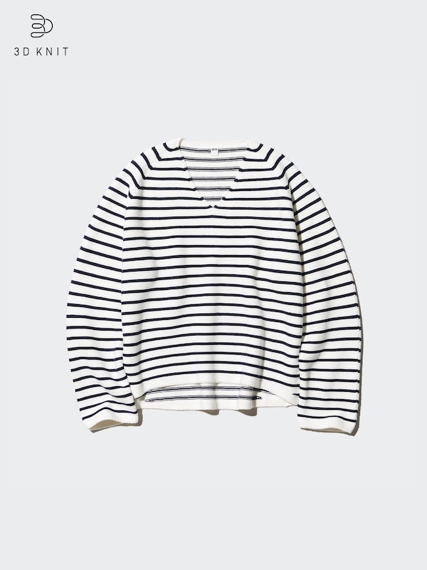 3D Knit Cotton Relaxed Sweater | V-Neck | Striped
