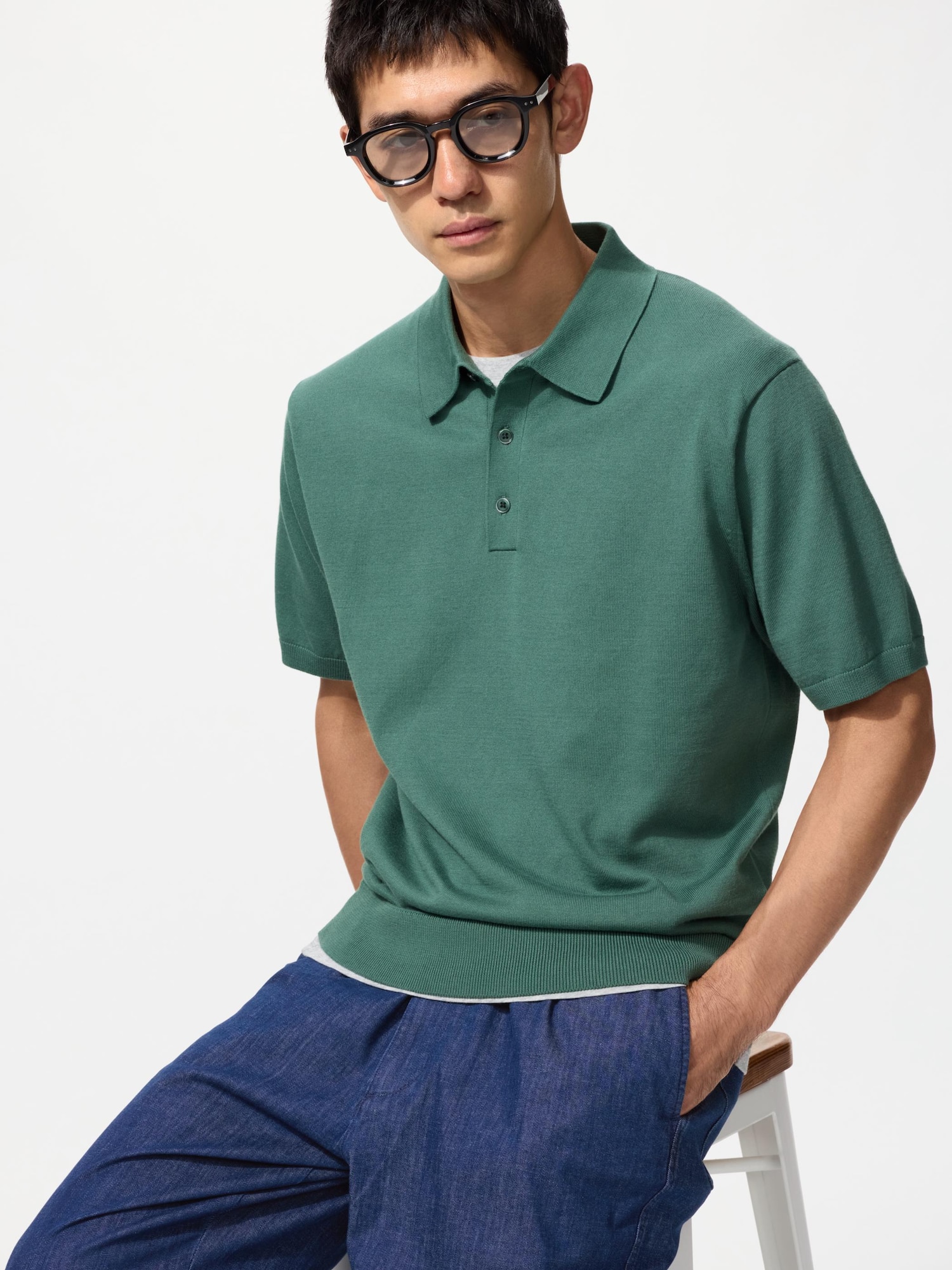 UNIQLO Men's Washable Knitted Polo Sweater Short Sleeve, Green, Medium