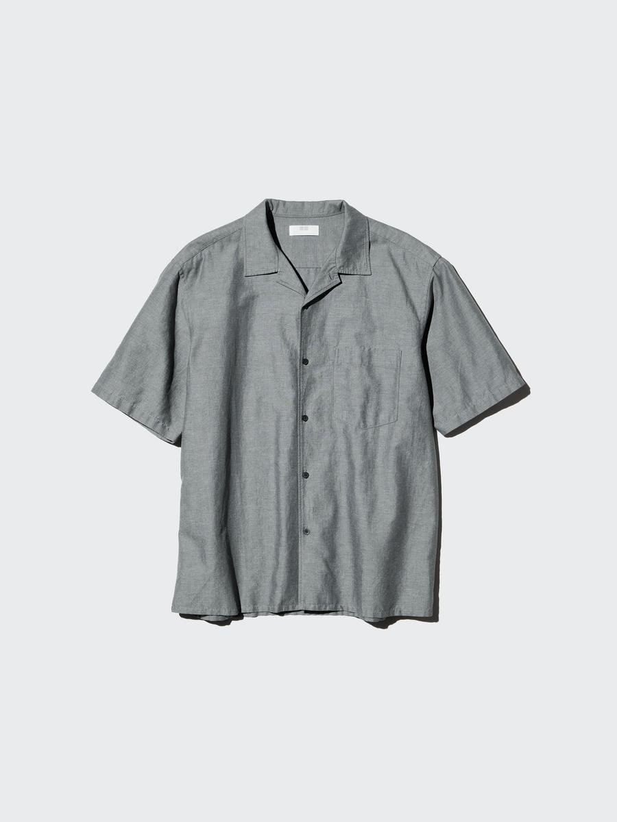 UNIQLO Men's Cotton Linen Shirt Short Sleeve, Gray, 3XL