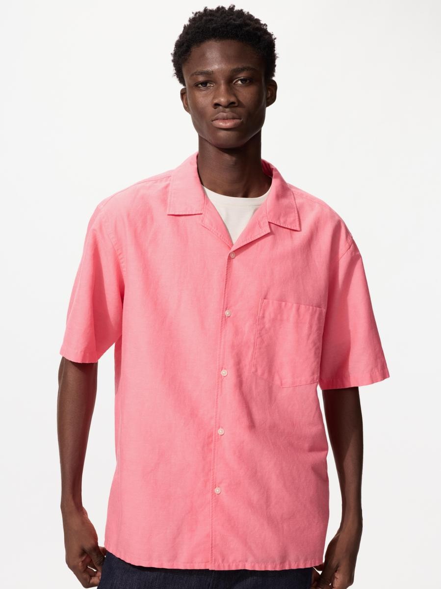 UNIQLO Men's Cotton Linen Shirt Short Sleeve, Red,