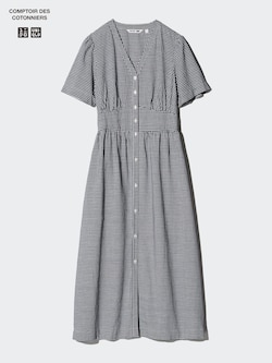 Linen Blend V Neck Dress (Short Sleeve, Gingham)