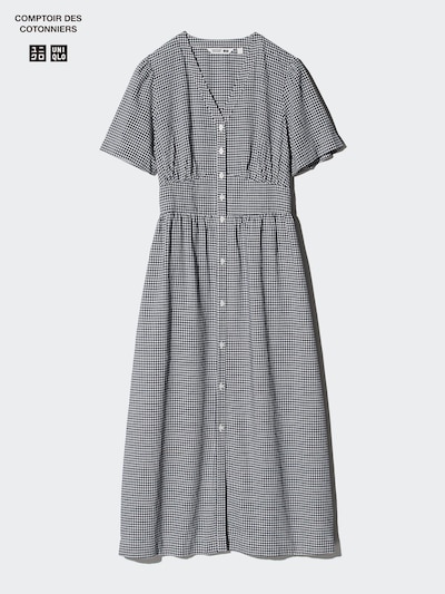 Linen Blend V Neck Dress Short Sleeve
