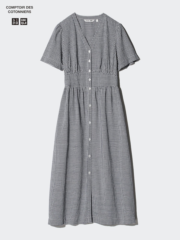 Linen Blend Dress | V Neck | Gingham