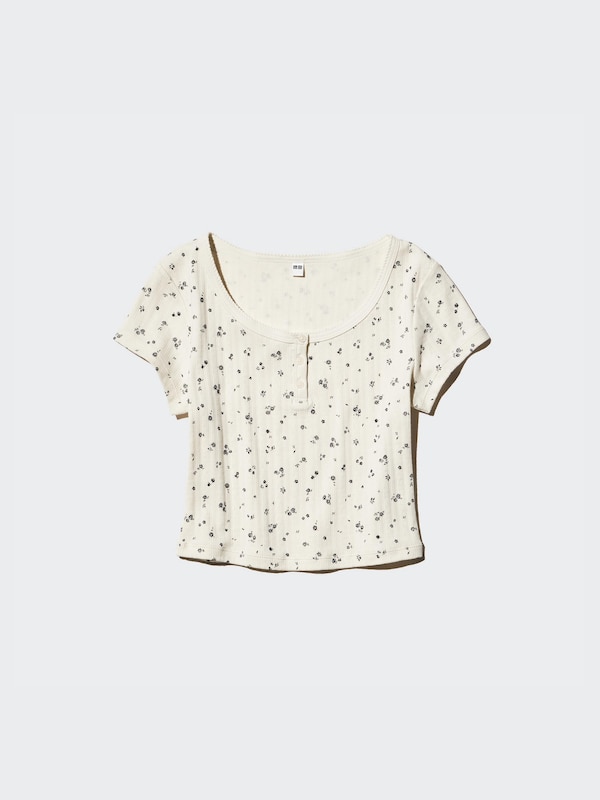 Pointelle Henley Neck T-Shirt (Printed)