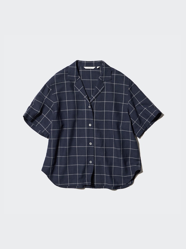 Chemise à col ouvert en lin mélangé (Motifs à carreaux, Manches courtes)