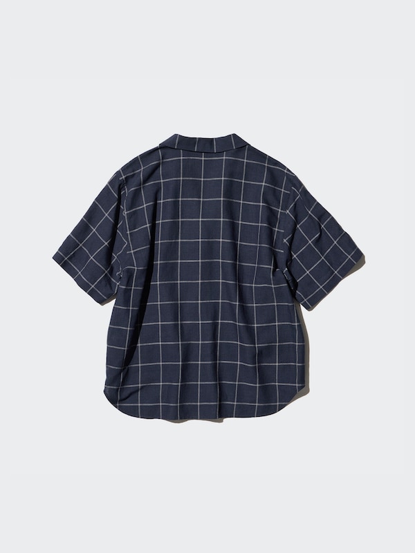 Chemise à col ouvert en lin mélangé (Motifs à carreaux, Manches courtes)