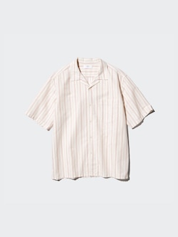 Cotton Linen Open Collar Shirt | Short Sleeve | Striped