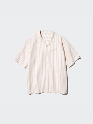 Cotton Linen Open Collar Shirt | Short Sleeve | Striped