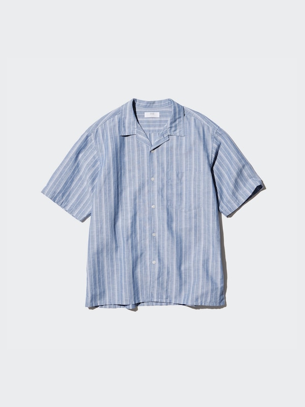 Cotton Linen Open Collar Shirt | Short Sleeve | Striped