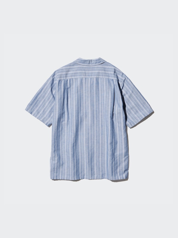 Cotton Linen Open Collar Shirt | Short Sleeve | Striped