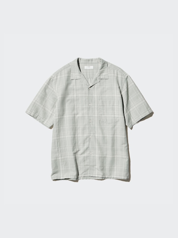 Cotton Linen Open Collar Shirt | Short Sleeve | Checked