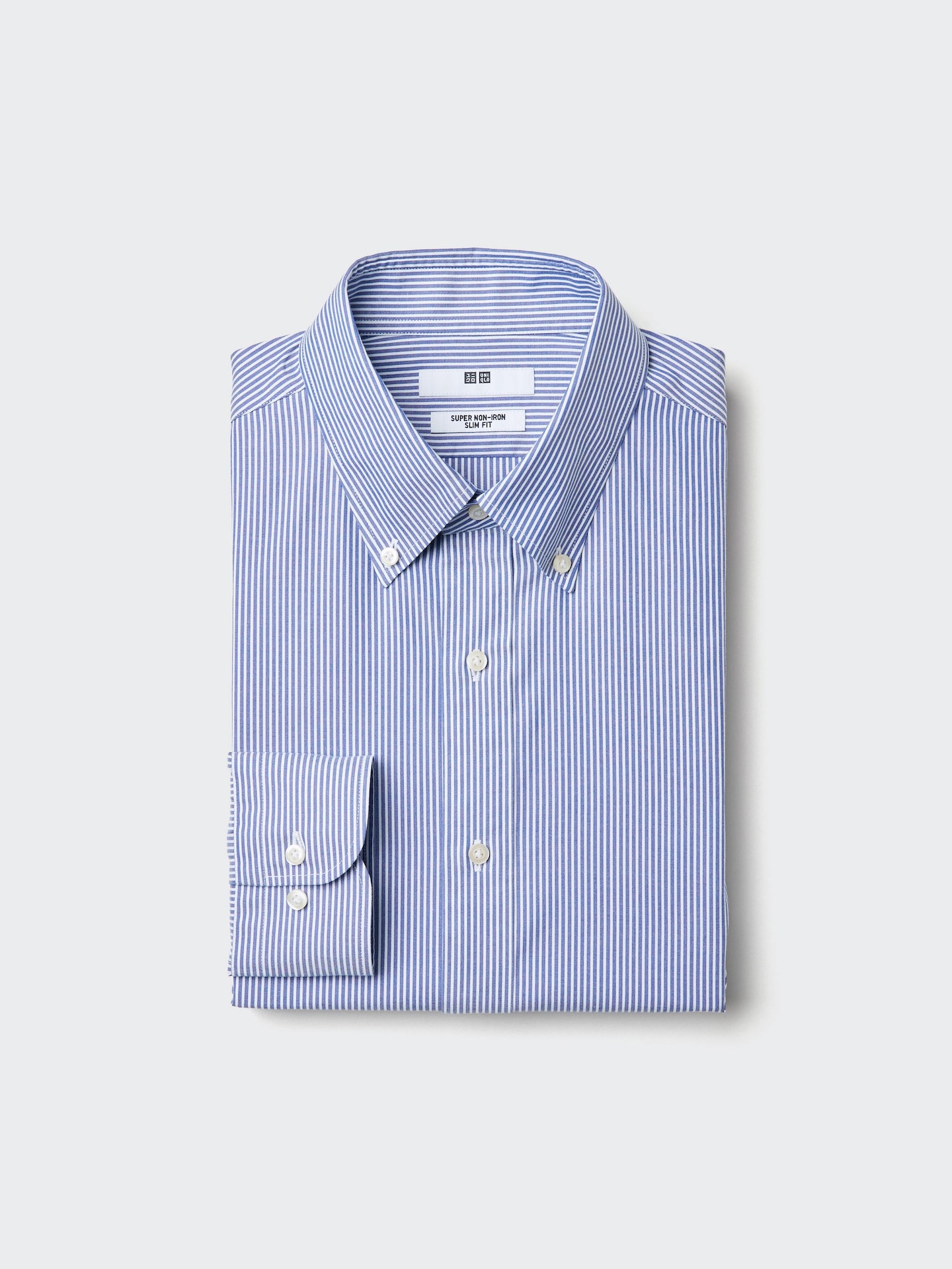 Мужская приталенная рубашка Uniqlo Super Non-Iron, воротник button-down, в полоску, цвет: Синий — фото 1