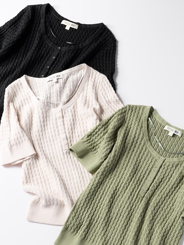Pointelle Knit Henley Neck Sweater
