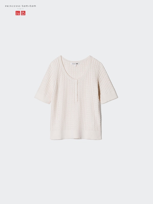 Pointelle Knit Henley Neck Sweater