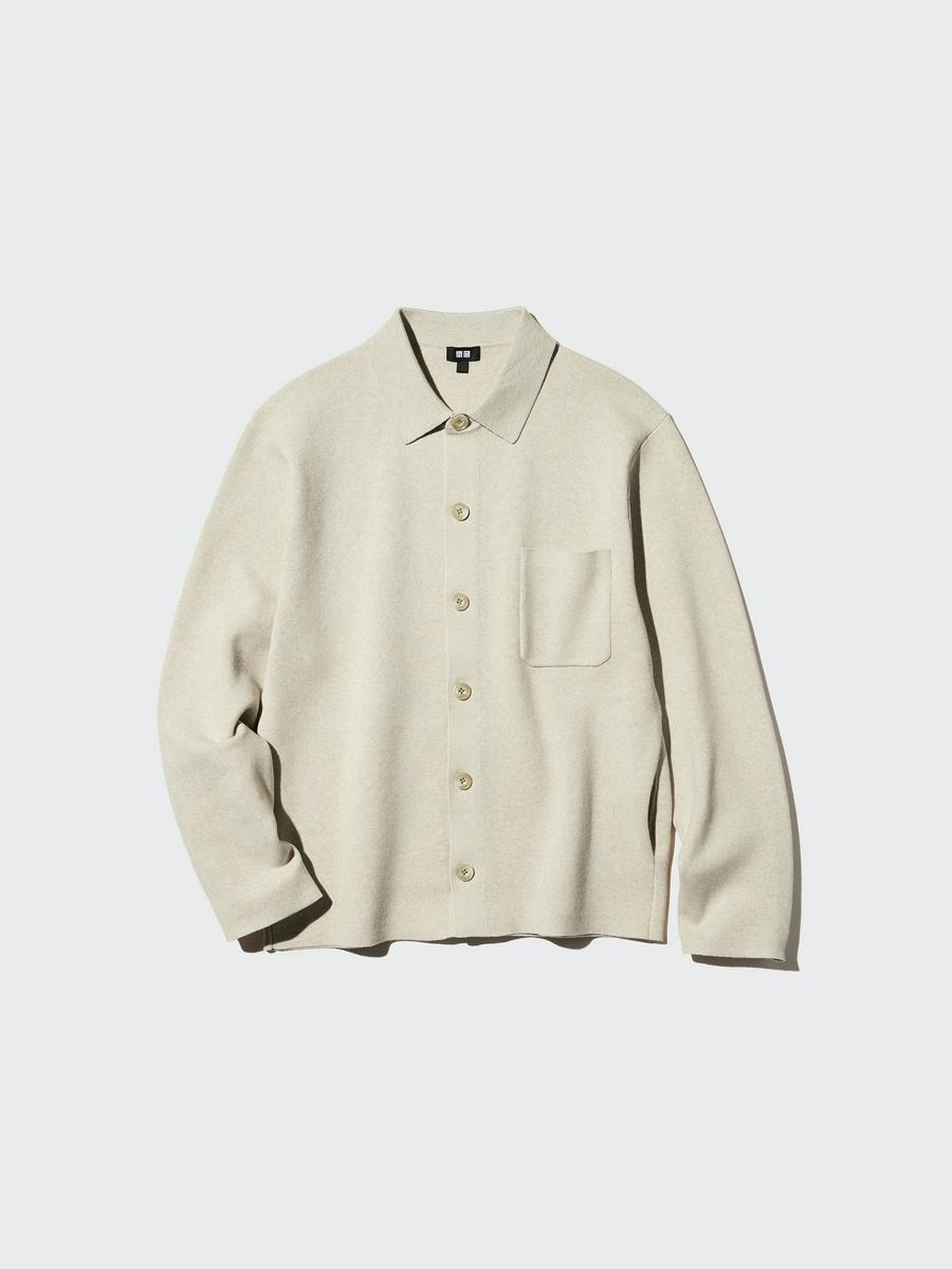 Uniqlo Men's Milano Ribbed Shirt Collar Cardigan, Natural, 2xs