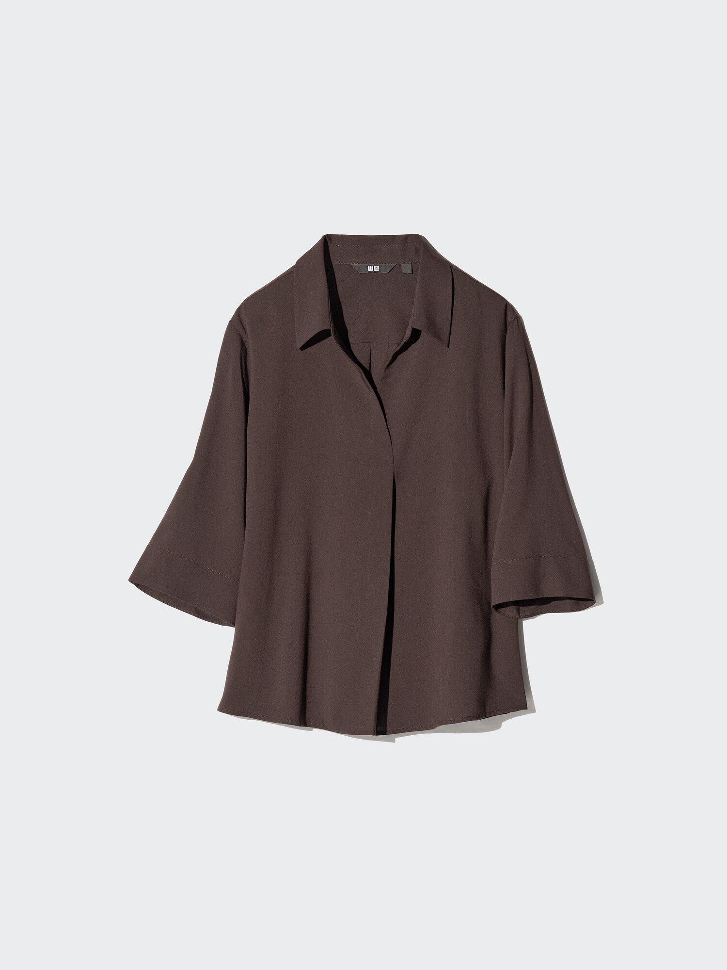 UNIQLO Women's Rayon Skipper Collar Blouse 3/4 Sleeve, Dark Brown