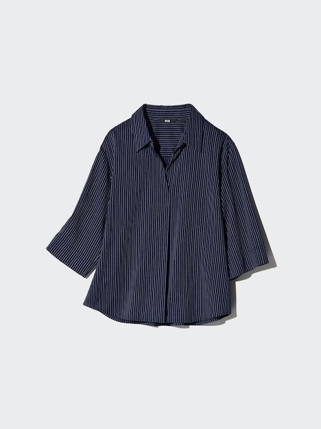 Rayon Skipper Collar Blouse 3/4 Sleeve Stripe