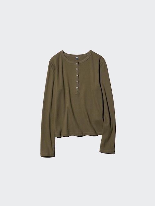 Ribbed Henley Neck Long Sleeve T-Shirt