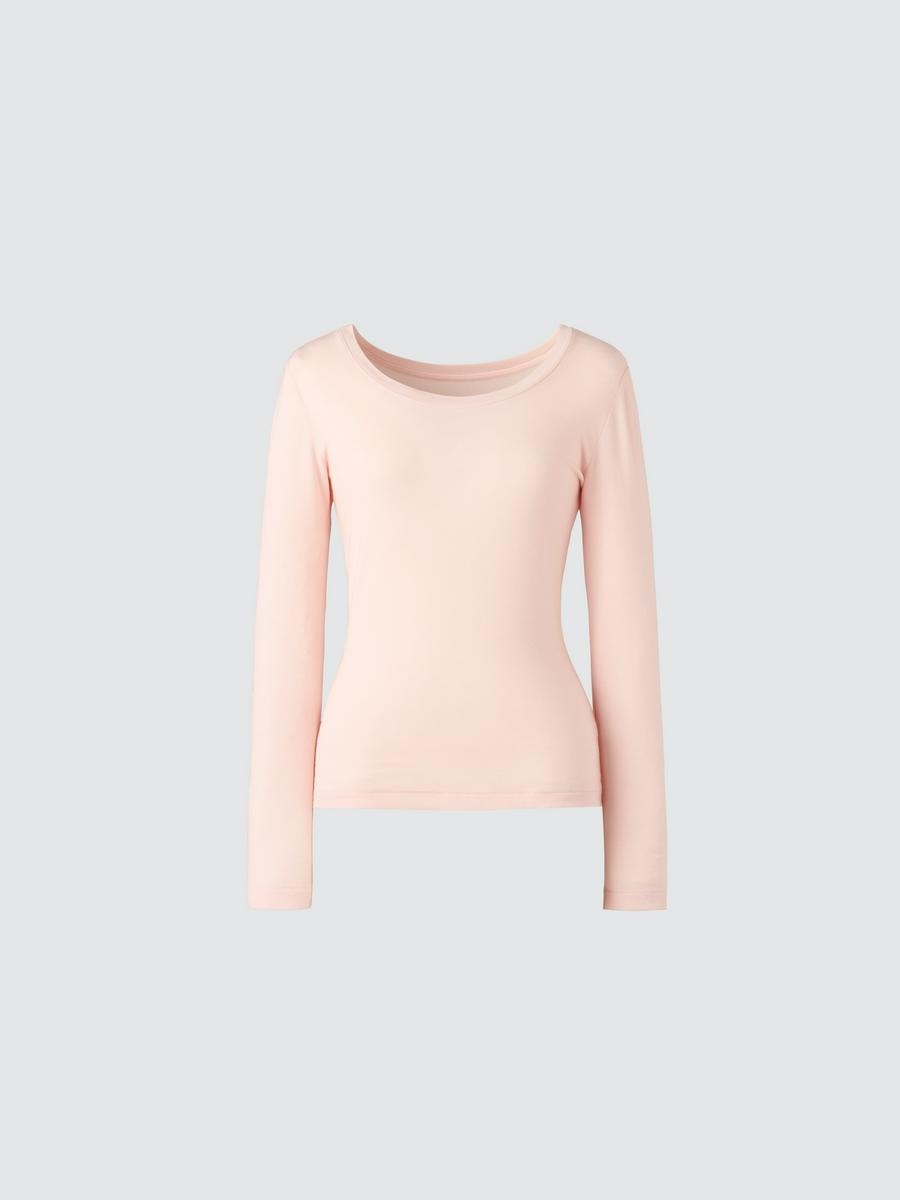Uniqlo Women's Heattech Extra Warm Cashmere Blend T-shirt Scoop Neck With Moisture-wicking, Pink, Xs