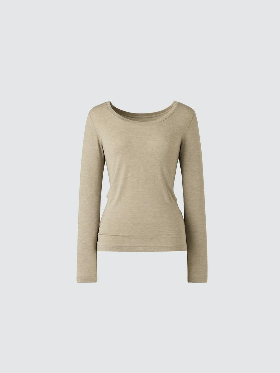 Uniqlo Women's Heattech Extra Warm Cashmere Blend T-shirt Scoop Neck With Moisture-wicking, Beige, Xs